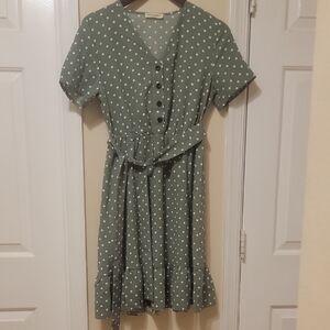 Polka Dot Sage Midi Dress with Self-Tie Waist